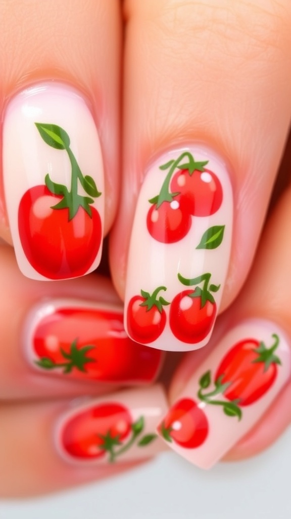 Close-up of nail art with red tomatoes and green leaves on a light base.